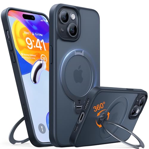 TORRAS Upgraded 360°Spin Magnetic Stand for iPhone 15 Case/iPhone 14 Case, Fit for MagSafe with Stand & Ring Holder, 12FT Mil-Grade Protection Translucent Slim Phone Case for iPhone 15 Ostand, Black - image 1