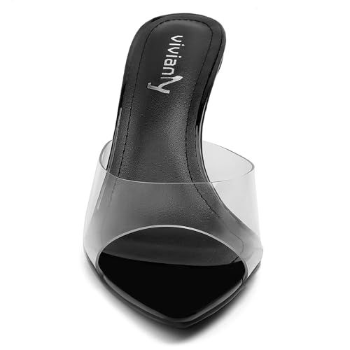 Image of vivianly Clear Pointed Toe Heels Sandals Transparent Strap Stiletto High Heels Slip on Mules for Women