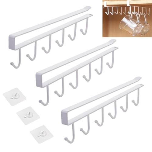 Eulihent Lot de 3 Porte-Tasses,Suspendu Support Tasses Sans Perçage Cintre de Tasse de Cuisine avec Crochets Adhésifs pour Tasse, Verres à Vin,...
