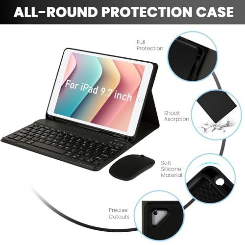 Image of SOPPY Bluetooth Keyboard Case with Mouse for iPad 6th /5th Generation, iPad Pro 9.7-inch, Air 1 /2, Detachable Wireless Keyboard with Pencil Holder, Slim Protective Cover, Rechargeable, US - Black