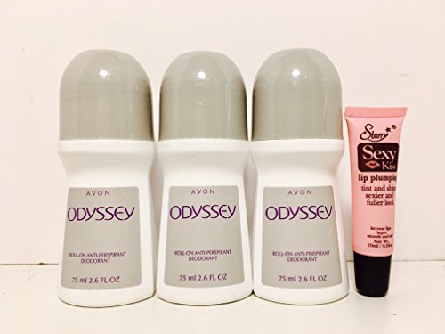 Avon Odyssey Roll on Anti-perspirant Deodorant 2.6 Oz Pack of 3 "Free Starry Sexy Kiss Lip Plumping 10 ml