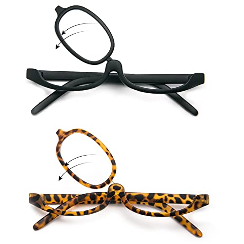 Kodilin Occhiali da Lettura per Trucco da Donna 2 Pezzi Oocchiali da Lettura Rotativi e Pieghevoli Portatili, Occhiali da Trucco Monolente con Lente Reversibile (nero+tartaruga, 1.0)