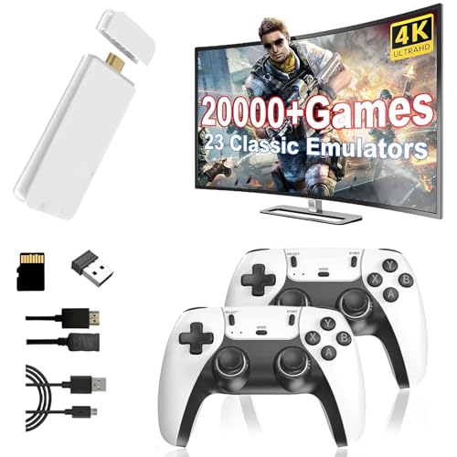 Wireless Retro Game Console Stick with Dual 2.4GHz Wireless Controllers 4K HDMI Output Stick Built-in 20000+ Classic Games for Family & Friends Entertainment 64GB