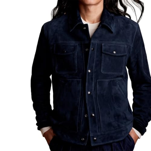 Men Navy Blue Suede Leather Jacket Casual Stylish Shirt Coat Overcoat BM021