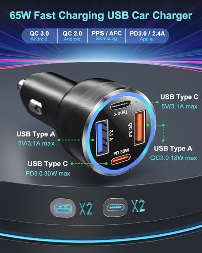 USB C Car Charger, OKRAY 2-Pack 4-Port 65W Fast Charging QC/PD/PPS Type C Car Phone Charger Cigarette Lighter USB Charger Compatible for iPhone 15 14 13 12 11 Pro, Samsung GalaxyS24 S23 A55 A54 Note20