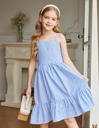 Arshiner Girls Summer Dresses Kids Sleeveless Beach Linen Swing Sundress Casual Midi Dress Blue Stripes 8-9 Years thumb #1