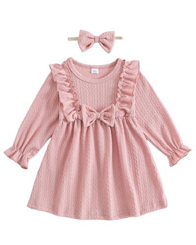 FishingDino Baby Kleid Mädchen Frühlingskleid Set Gr. 62-92, Langarm Schmetterling Baby Kleidung Mädchen mit Stirnband, Weiche Babykleidung Süßes Babykleider Set, Rosa 74