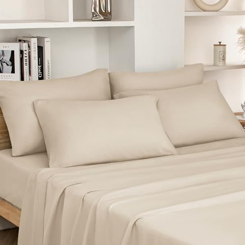 HOMEIDEAS Queen Size Bed Sheets - 6 Piece Set (Cream/Beige) - Extra Soft Brushed Microfiber 1800 Bedding Sheets, Deep Pocket, Wrinkle & Fade Free