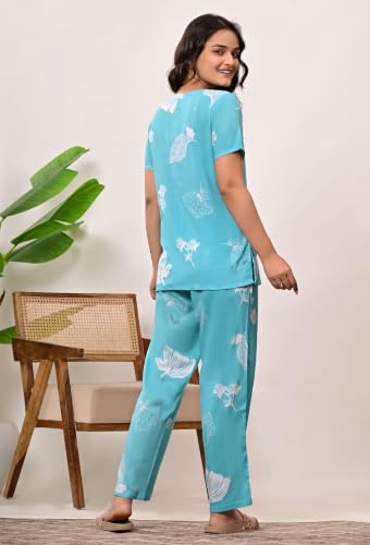 Image of Women's Rayon Floral Printed Co-Ord Night Suit Set | Half Sleeves V-Neck Top & Full Length Pajama | Soft & Breathable Nightwear Loungewear Set