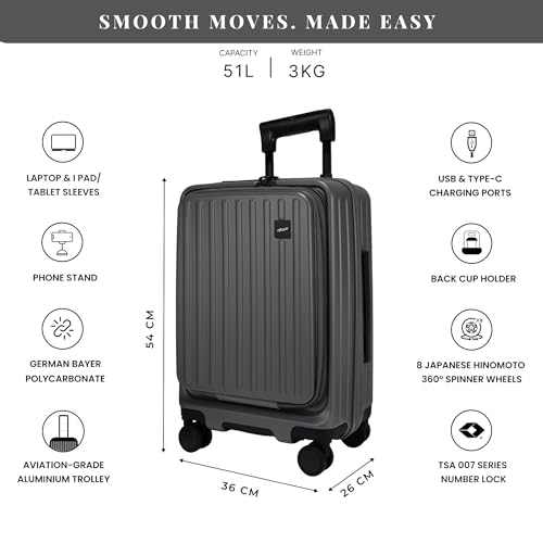 Image of F Gear Montreal Small Cabin Pro 54cm German Polycarbonate Hard Luggage |8 Japanese Hinomoto Silent Wheels|USB & Type-C Charging | Front Opening Suitcase for Travel (Steel Grey)
