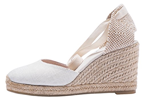 U-Lite Womens Espadrille Wedge Sandals Closed Toe Platform Lace Up Ankle Strap Slingback Summer Dress Shoes White Canvas-3" 8 #TOP3