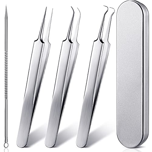 4 Pieces Blackhead Tweezers Acne Blemish Stainless Steel Blemish Extractor Tool for Remove Blackhead Acne Whitehead Pimple Bend Curved Tweezer with Needle Comedome Extractor Blackhead Remover Tools