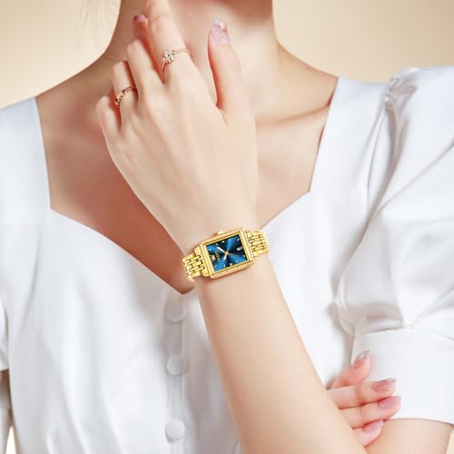 OLEVS Women's Gold Stainless Steel Watch, Small Square Face Diamond Decorated Ladies Watch, Luxury Analog Quartz Women Dress Watch, Fashion Calendar Date Waterproof Wrist Watch for Women3