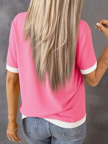 Image of Womens Short Sleeve Striped Color Block Crew Neck Sweater Shirt Lightweight Cotton Casual Summer Pullover Tops