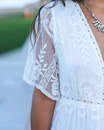 LRISES Womens V Neck Floral Embroidered Lace Wedding Maxi Dress Boho Short Sleeve Slit Bridesmaid Evening Party Dresses4