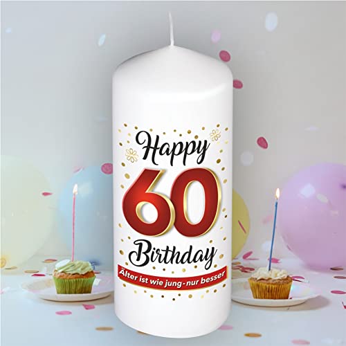 Stumpenkerze - Geburtstagskerze zum 60. Geburtstag, Happy Birthday - Für Dich | Motive auf Tattoofolie | Geschenkfolie und goldener Schleife | Kerze mit Geburtstagszahl Zahl in Geschenkverpackung