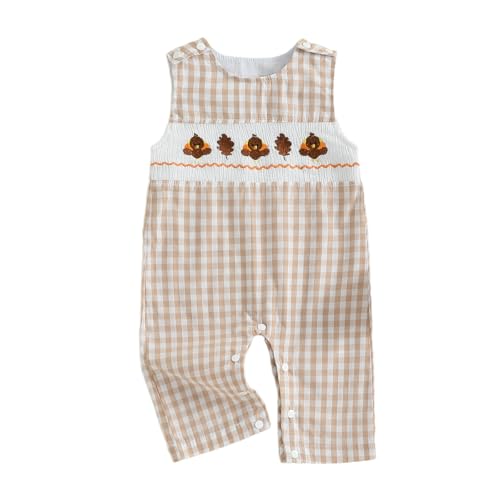 Image of Sprifallbaby My First Thanksgiving Baby Boy Outfit Newborn Turkey Romper Plaid Smocked Jumpsuit Overalls Cute Fall Clothes
