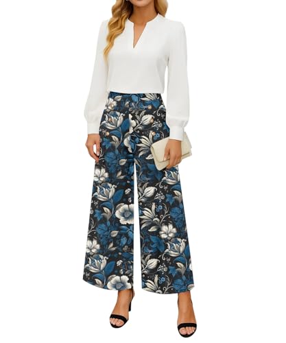 YSYOKOW Womens Elastic High Waisted Wide Leg Pants Loose Casual Long Palazzo Trousers with Button Decor and Pockets(Big Flower Blue Leaf, Large)