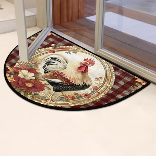 Image of Half Round Door Mat Vintage Plaid Rooster Chicken Non-Slip Semi Circle Area Rug Washable Half Moon Hearth Rugs for Indoor Outdoor Bathroom Kitchen Patio Runner Mat Laundry Room Home Decoration
