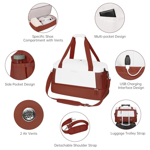 ETRONIK Gym Bag for Women, Travel Duffel Bag with USB Charging Port, Weekender Overnight Bag with Wet Pocket and Shoes Compartment for Women, Travel, Gym, Yoga (Reddish Brown/White)4