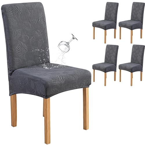 Image of Genina Waterproof Dining Chair Cover Set of 4,Large Chair Cover,Dark Grey | Stretch Dining Room Chair Slipcovers with Leaf Jacquard,Removable Kitchen Chair Protector for Home,Restaurant,Banquet