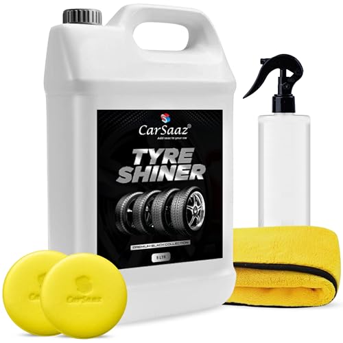 Image of CAR SAAZ Tyre Shiner 5L with 2 Applicator Pads, Empty Spray Bottle & Microfiber Cloth | Car & Bike Tyre Polish | Prevents Fading & Cracking | Shine & Protects | Non-Greasy, Long Lasting, Deep Gloss