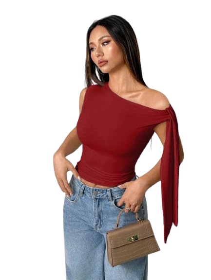 TIVANTE Solid Asymmetrical Shoulder Tie Strap Crop Top for Women