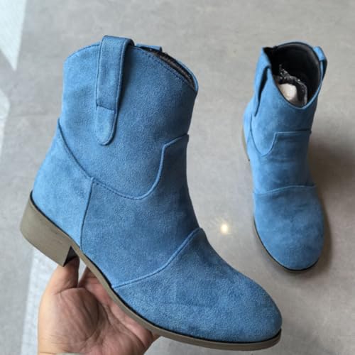 Cowboy Boots Women Low Heel Suede Chunky Heel Ankle Round Toe Short Boots Slip On Classic Fashion Retro Back Zipper Booties3