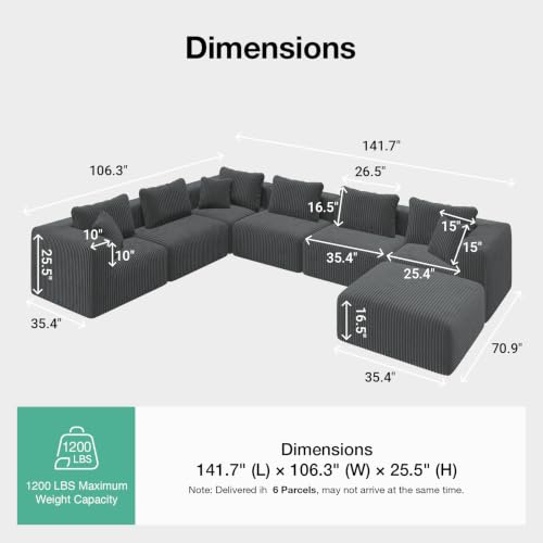 Image of Novilla 141 inch Modular Sectional Sofa, U Shape Sectional Couch, Modern Cloud Design with Smarts Coil Support, Boneless Couch for Living Room Apartment, No Assembly Required, Dark Gray