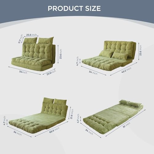 Image of MAXYOYO Folding Sofa Bed, Tufted Bean Bag Bed with Pillows Floor Couch for Adults, Extra Thick and Long Floor Sofa, Full Floor Couch Bed for Bedroom Living Room, Green, 54x91 Inch