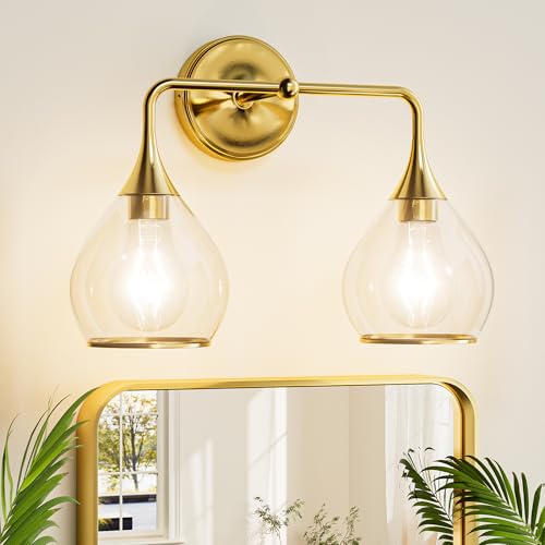Image of TETOTE 2-Light Modern Bathroom Light Fixtures, 2 Light Vanity Lights Over Mirror Gold Wall Lamp with Clear Glass for Bathroom, Mirror, Living Room, Bedroom, Hallway