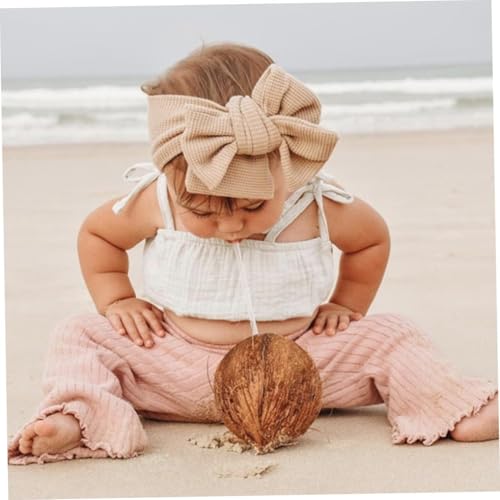 2Pcs Newborn Elastic Hair Bow Headband for Soft Waffle Knit Comfortable Hair Ornament in White and Beige Stylish and Gentle Skin4