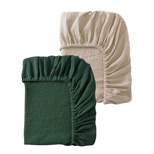 Image of TADO MUSLIN Baby Crib Sheets 2 PCS, 100% Organic Cotton Fitted Crib Sheet for Standard Crib Mattress (52 inchx28 inch), Soft and Breathable for Girl and Boy (Khaki, Green)