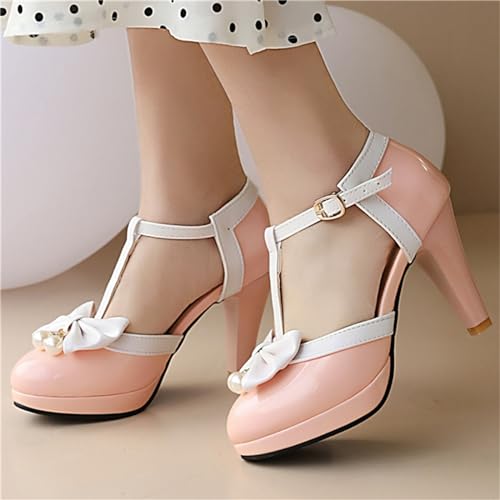 Image of Elbslutt Women's Cute Retro Rockabilly Shoes T Strap Mary Janes Heels Chunky Cosplay Shoes Sweet Block Heeled Bow Pumps