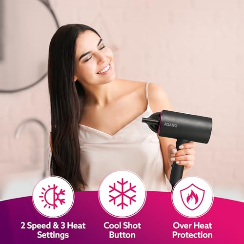 AGARO HD-1214 Premium Hair Dryer with 1400 Watts Motor, 3 Temperature Settings & Cool Shot Button- Black - Image 2
