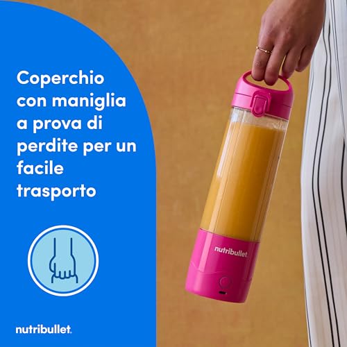 Nutribullet Portable NBP003BP, Frullatore Portatile con Tazza Isolante da 475ml, Lama 4 Punte, Tazza in Tritan, 15 Cicli di Autonomia, Inclusi Coperchio e Cannuccia, Ricarica USB-C, Rosa - Immagine 4