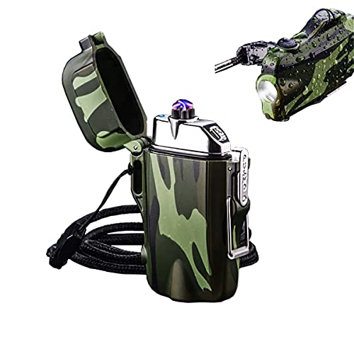 Electric Lighter Windproof, Waterproof Lighter Dual Arc Lighter Plasma Lighter with LED Flashlight, Rechargeable USB Lighter Flameless Plasma Lighter with Lanyard for Camping, Hiking(Camouflage)