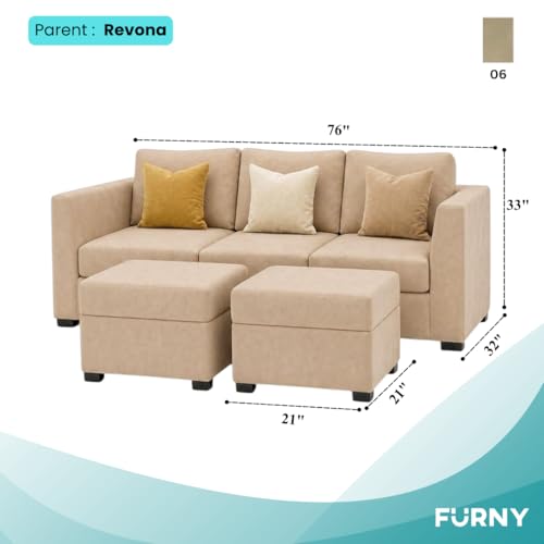 Image of FURNY Revona 5 Seater L Shape Sofa Set with 2 Movable Ottoman | Flexible Left or Right Layout | Plush Velvet Fabric (Beige) | Perfect for Living Room, Guest Room & Office