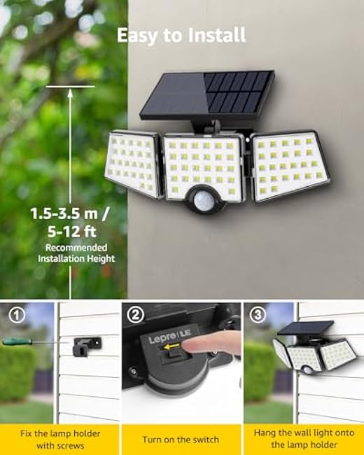 LE Solar Lights for Outside, Solar Lights Outdoor with Motion Sensor, WL4000 High Brightness, 3 Adjustable Heads 270¡ã Wide Lighting Angle, IP65 Waterproof, Wireless Wall Lamp for Yard Garage, 2 Packs