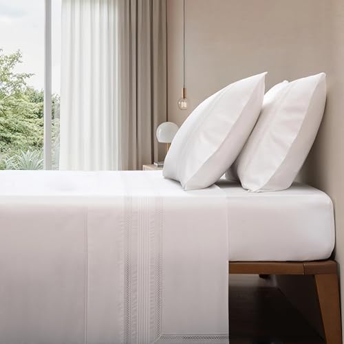 Casa da Laura - Juego de Sábanas 100% Algodón 200 Hilos Percal Blanco Bordado en Esquina – 685-200 Hilos - 100% Algodón de Percal - Cama 150/160 1 Almohada 45 x 165 cm - Fabricado Portugal