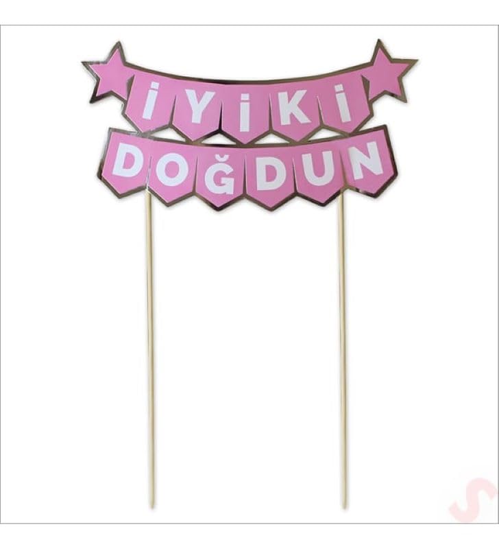 İyi Ki Doğdun Pasta Üstü Banner, Pembe ve Altın Renk, 18x7 cm