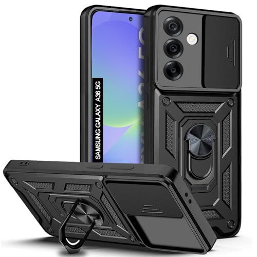 Image of AESTMO Tough Armor Samsung Galaxy A36 5G Bumper Back Case Cover | Ring Holder & Sliding Camera Shield Cover | 360 Degree Protection Back Case Cover for Samsung Galaxy A36 5G (Black)