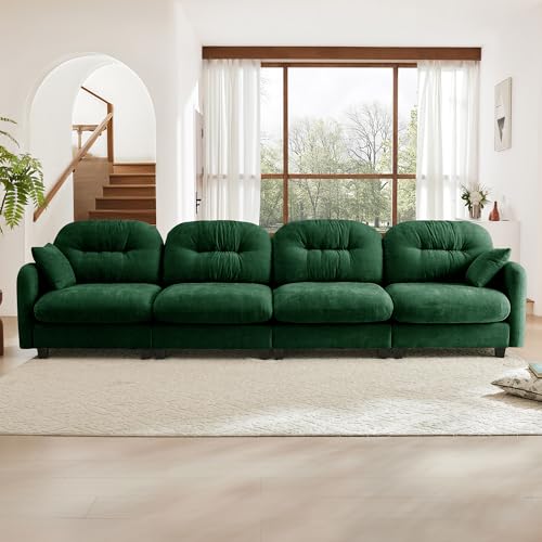 Image of KEIKI 140 inch Oversized Chenille Modular Sectional Sofa with High-Density Foam Cushion and Tufted Pleated Cushion Backrest, Upholstered Modern 4-Seater Cloud Couch with 2 Pillow, for Living Room, Green