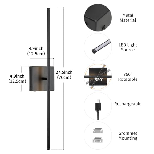 Image of Battery Operated Wall Sconces Set of Two Wireless with Remote Control,350Rotate,3000K-6000K Black Modern LED Rechargeable Indoor Wall Lights for Living Room,Bedroom,Stairs,27.5 Inch (2 Pack)