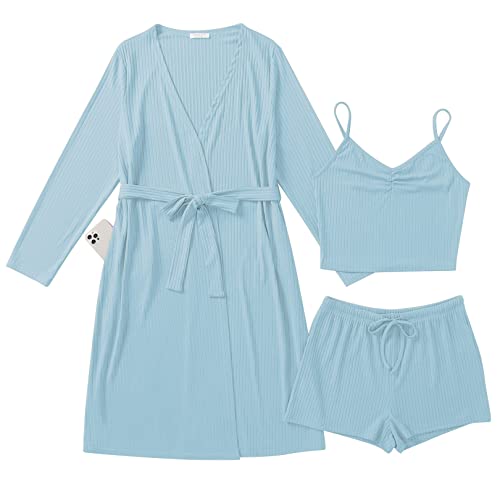 Ekouaer 3 Piece Lounge Sets For Women Cami Shorts Pajama Set With Belted Robe Matching Loungewear Light Blue #TOP12