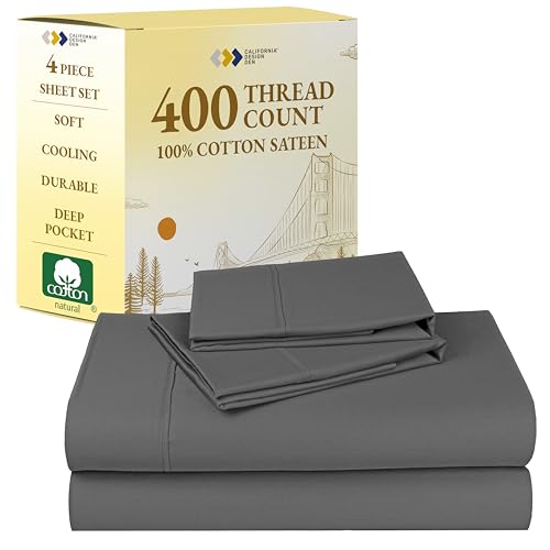 California Design Den Soft Queen Sheet Set - Soft 400 Thread Count Sateen, Natural 100% Cotton Sheets for Queen Size Bed, Deep Pockets for a Snug Fit, Durable Bedding Set - Grey