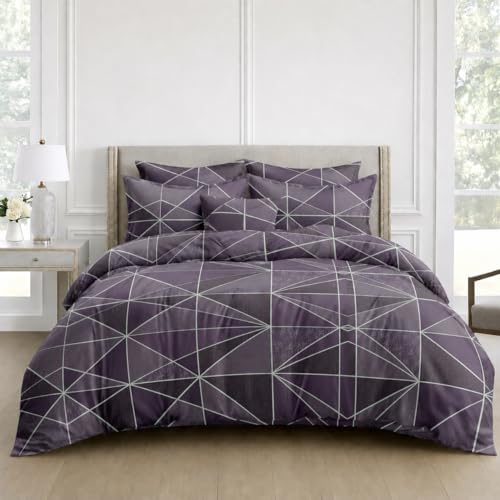 Image of DECOR2ADMIRE 300TC Premium Glace Cotton Printed Super King Size Double Bedsheet with Two Pillow Covers, 108 * 108 Inches or 9ft by 9ft or 275 cm x 275 cm (Purple Geometric)