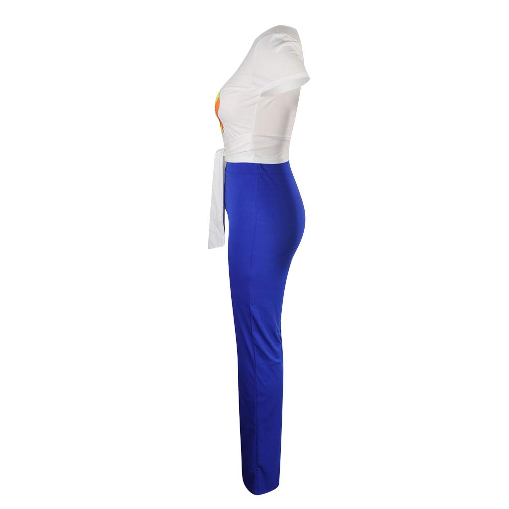 Strój do joggingu moda damska lato dwuczęściowe krótkie ubrania rękawy topy dekolt nadruk okrągły + spodnie do węzła na co dzień wyjątkowy, NIEBIESKI, M