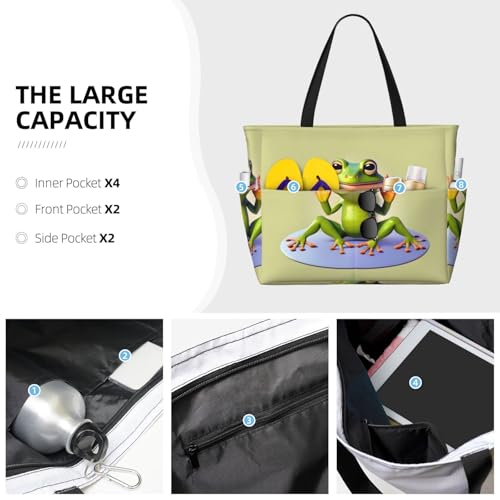 Large Capacity Beach Bag - print Waterproof Travel Bag The funny frog doing yoga Multi-Pocket Tote for Vacation Gym Women3