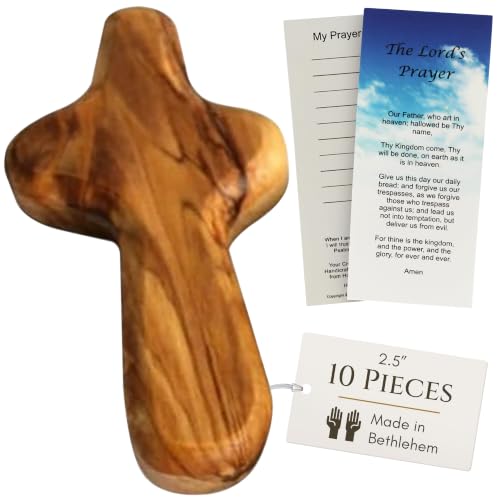 Holy Land Market Olive Wood Pocket Cross 2.5 - Handmade Jerusalem Palm Crosses | Small Wooden Crucifix Christian Gifts with Certificate & Prayer Card | Meditation & Prayer Crosses 10 Count